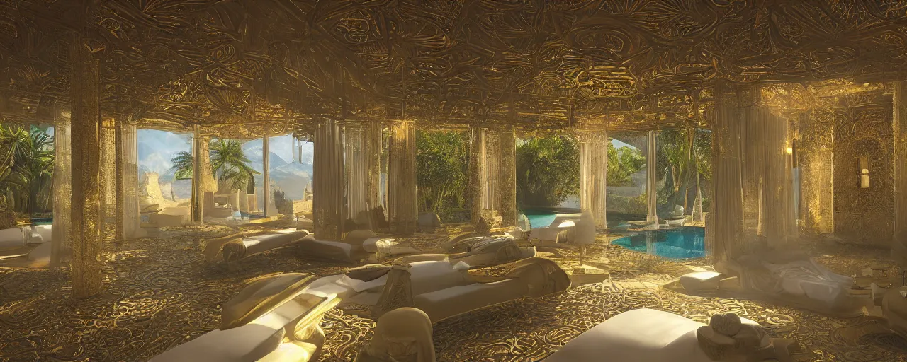 Prompt: surreal hyper luxury spa with intricate golden details with view to arid mountains and palm forest, ultra detailed, photorealism, sharp focus, volumetric light, global illumination