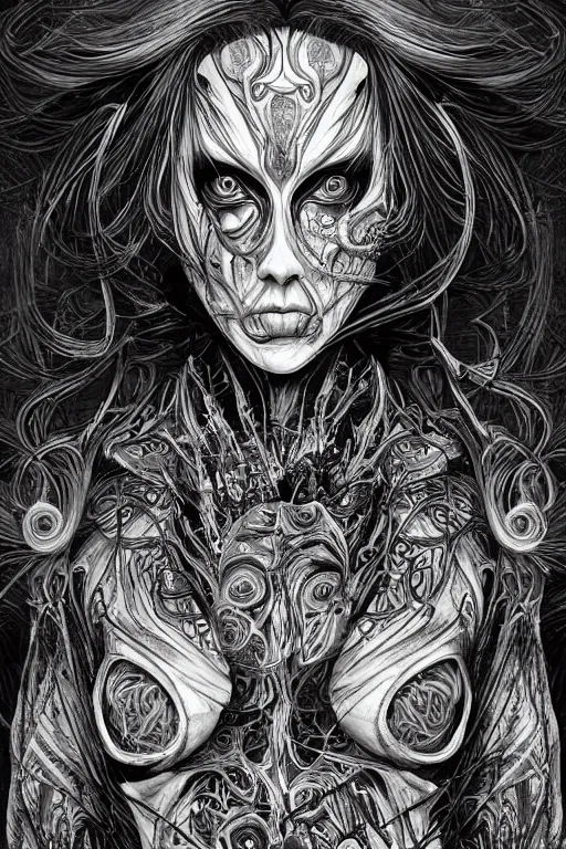 Image similar to black and white illustration, creative design, body horror, alex gray, android jones