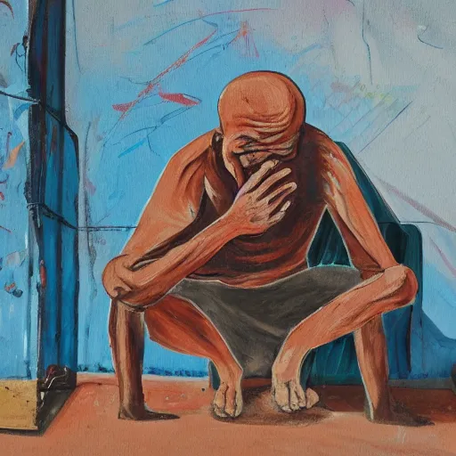 Prompt: man crying on a plastic chair in the slums, painting