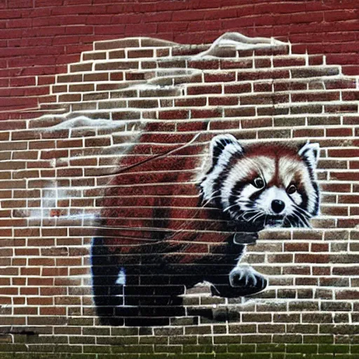 Prompt: red panda graffiti on a brick wall, by Banksy
