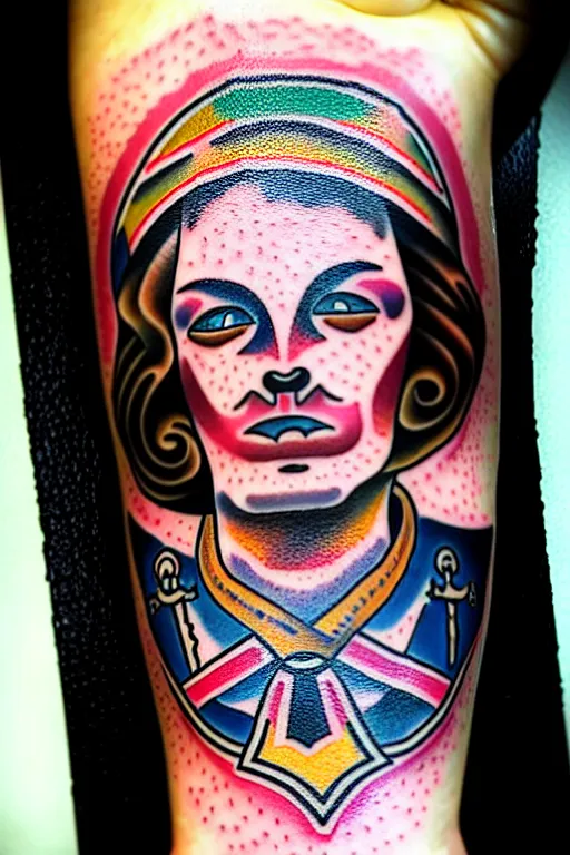 Prompt: American traditional tattoo of a sailor by Tony BLUEARMS