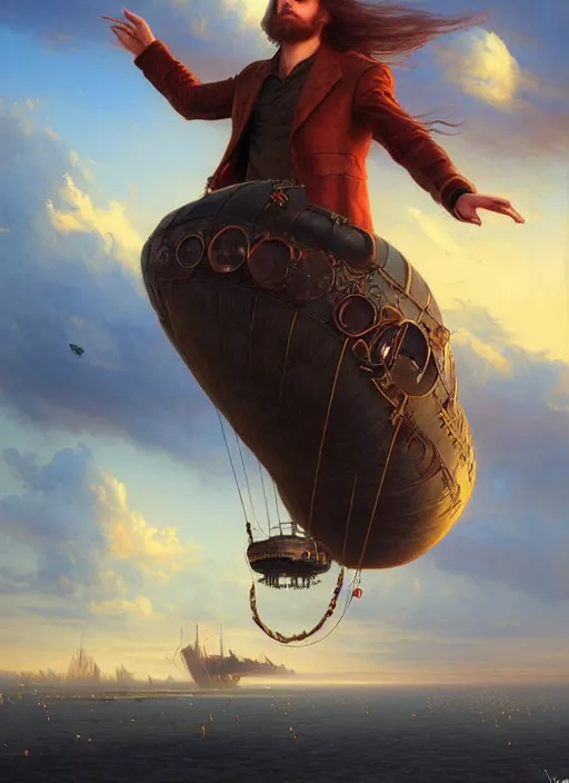 Image similar to portrait painting of a handsome face rugged long hair crimson hair male captain, top half portrait soft hair steampunk ornate mechanical zeppelin blimp airship in the background sky sunset golden hour fantasy soft hair deviantart book cover art dramatic volumetric lighting art by wlop greg rutkowski gaston bussiere