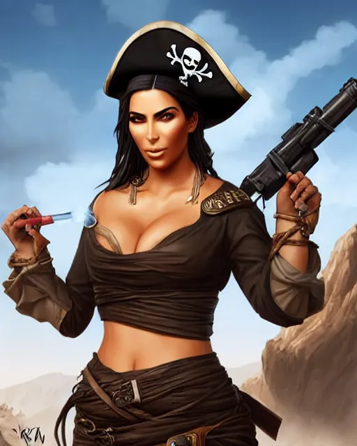 Prompt: Pirate kim kardashian as an Apex Legends character digital illustration portrait design by, Mark Brooks and Brad Kunkle detailed, gorgeous lighting, wide angle action dynamic portrait