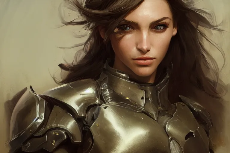 Image similar to a portrait of an attractive young woman, clothed in battle armor, olive skin, long dark hair, beautiful bone structure, symmetrical facial features, intricate, elegant, highly detailed, digital painting, trending on Artstation, concept art, smooth, sharp focus, illustration, from Metal Gear by Ruan Jia and Mandy Jurgens and Artgerm and greg rutkowski and william-adolphe bouguerea, award winning