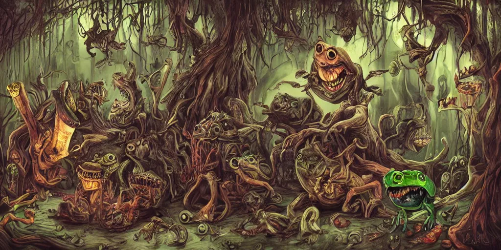 Image similar to a dark ritual performed by evil frogs from alice in wonderland, hyper - detailed, expression, energetic, horror, creepy, scary, digital art