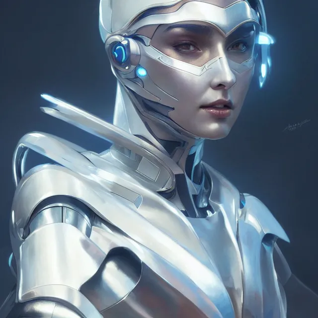 Image similar to portrait of futuristic cyborg wearing white shiny armor, shiny skin, raytracing, astral nebula, subsurface scattering, artistic, art by artgerm, greg rutkowski and alphonse mucha, artstation, octane render,