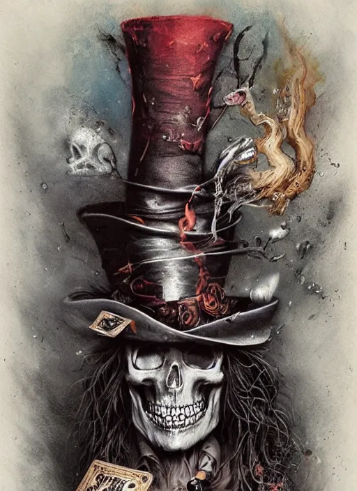 Image similar to Mad hatter smoking cigar, death tarot card,highly detailed,half skull face,cinematic,8k,by Stanley Artgermm,Tom Bagshaw,Greg Rutkowski,Carne Griffiths, Ayami Kojima, Beksinski, Giger,trending on DeviantArt,hyper detailed,horror, full of colour