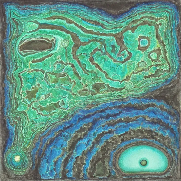 Image similar to Raw Malachite, Black Rainbow Opal, Earth by David Normal, Surrealism by David Normal, Eye of Providence by William Blake, william blake art exhibit, surrealism by James McCarthy, space station inside by Maksymilian Novak-Zempliński, River by William Blake, oregon washington rain forest by jonathan solter, hellscape by William Blake, seascape by James McCarthy with surreal architecture, Surrealism by David Normal--cfg 9