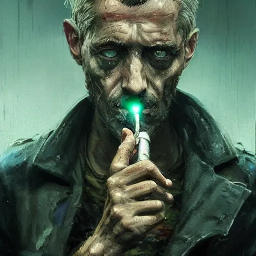 Prompt: aged shaggy ex military, smoking a cigarette, cyberpunk, smoke, armitage, painted by seb mckinnon, high detail, dramatic light, digital art, painted by greg rutkowski, promotional movie posterart, trending on artstation