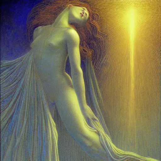 Prompt: beautiful woman floating to heaven, 4k, by Jean Delville, cinematic lighting