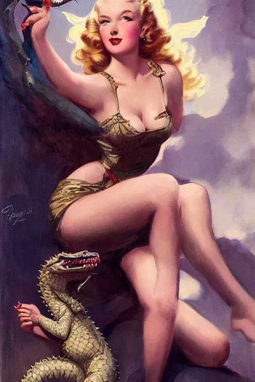 Image similar to portrait of 1 9 4 0 s blonde pinup girl holding a dragon, by greg rutkowski, rossdraws, gil elvgren, enoch bolles, porcelain skin, glistening, very coherent,