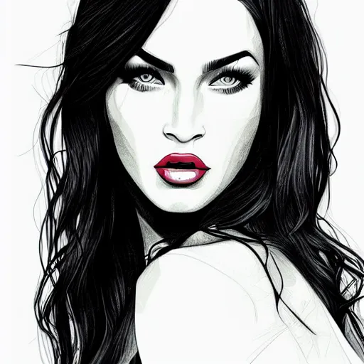 Prompt: megan fox portrait by arunas kacinskas, sketch, pencils, inl, minimalistic, procreate, digital illustration, vector illustration