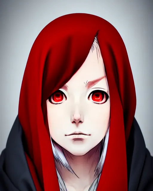 Image similar to portrait Anime white woman with red hair; cloak with hood || pretty face, realistic shaded Perfect face, fine details. Anime. realistic shaded lighting by Kim Jung Gi