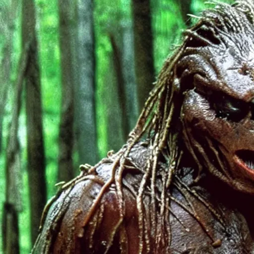 Image similar to cinematic still of sir david attenborough, covered in mud and standing in front!!!! of the predator!!!!! in 1 9 8 7 movie predator hd, 4 k
