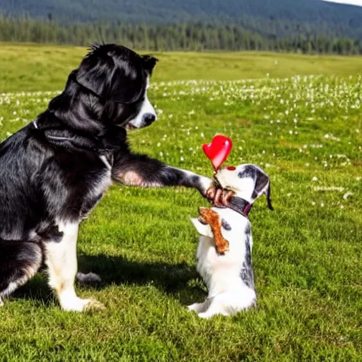 Prompt: a dog getting a treat on a meadow