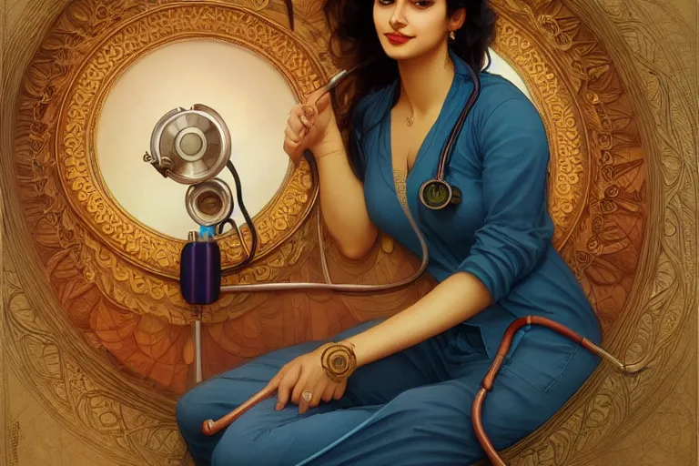 Image similar to sensual pale beautiful indian doctor in jeans with stethoscope, art deco portrait, elegant, intricate, digital painting, artstation, concept art, smooth, sharp focus, illustration, art by artgerm and greg rutkowski and alphonse mucha