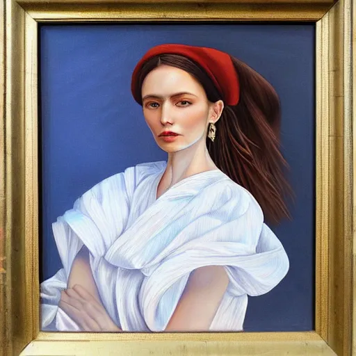 Image similar to hyperrealism oil painting, portrait of fashion model in traditional ukrainian vyshyvanka