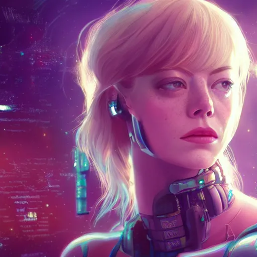 Image similar to cosmic cyberpunk portrait of emma stone, hyper detailed, digital art, trending in artstation, cinematic lighting, studio quality, smooth render, unreal engine 5 rendered, octane rendered, art style by klimt and nixeu and ian sprigger and wlop and krenz cushart.