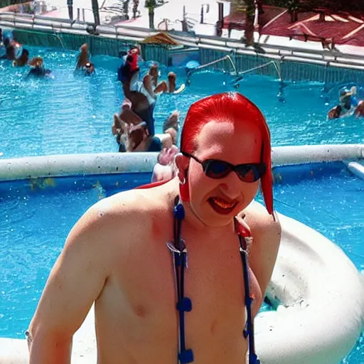 Image similar to marilyn manson working as a lifeguard at the waterpark