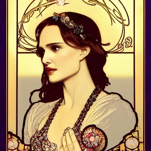 Prompt: natalie portman portrait by louis - theophile hingre and alphonse mucha, realistic, sharp focus, zodiac signs, tarot cards, planets, ethereal, art nouveau, magic, moon, sun, crown, dreamy, royal, jewellery