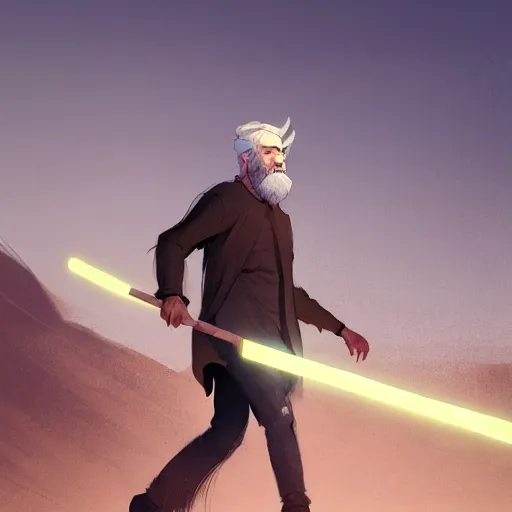 Image similar to a young man with gray hair,a stylish beard,walking through a desert with a glowing stick,digital art,art by greg rutkowski,trevor henderson,rossdraws,character design,concept art,western comic style,sharp lines,photorealiatic,hyperdetailed,detailed face,high quality,professional lighting,glowing