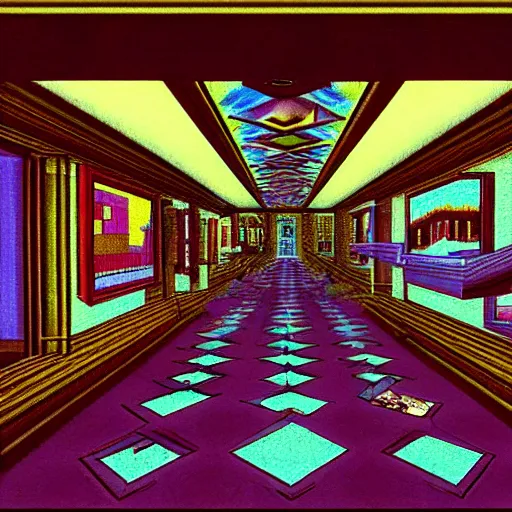 Image similar to the last virtual art museum in a 9 0's video game, made in 1 9 9 0, hyper detailed realistic hd screenshot, in the style of mc escher, in the style of a liminal space