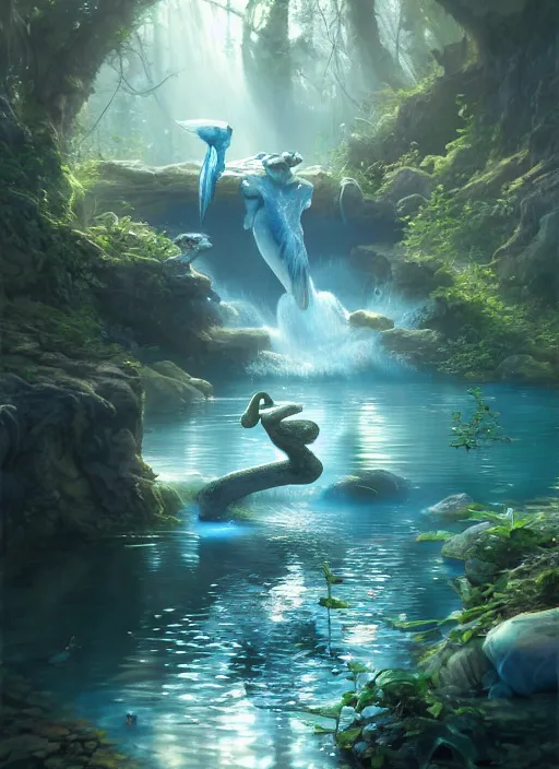 Prompt: white kappa sitting in a blue pond, subsurface scattering, by jesper ejsing, justin gerard, tomasz alen kopera, cgsociety and fenghua zhong, highly detailed, rim light, cinematic lighting, illustration, art, octane render, very coherent, cinematic, hyper realism, high detail, octane render, 8 k