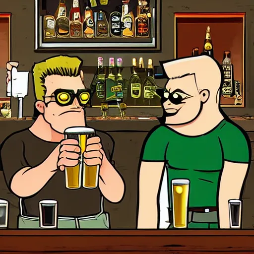 Prompt: duke nukem and doomguy drinking beer in a bar