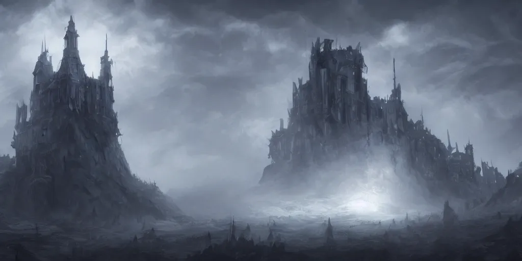 Image similar to grimdark fantasy fortress, terrifying, looming, dark, fog, artstation