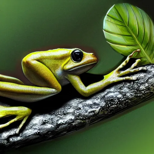Image similar to small yellow dart frog, chilling on a leaf, in jungle, by giger, concept art for movie, biomechanical, rule of thirds, extreme detail, 4 k, detailed drawing, trending artstation, realistic lighting, sharp focus, backlit