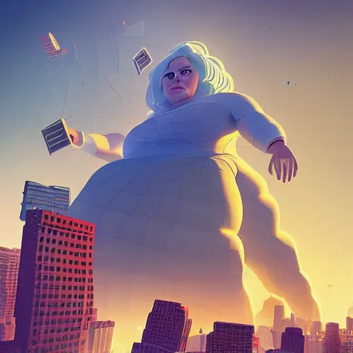 Image similar to a giant woman destroying a city, in the style of Beeple, 4k,