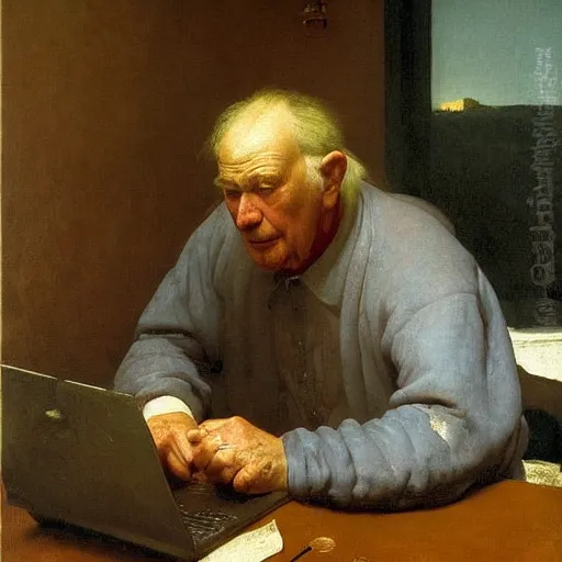 Prompt: weeping desperate grandpa trying to figure out how to send an email sitting in his small room looking at his lenovo thinkpad laptop t 4 1 0 8 gb ram leonardo da vinci giotto jamie wyeth greg rutkowski winslow homer thomas eakins lucian freud edward hopper j. m. w. turner oil painting