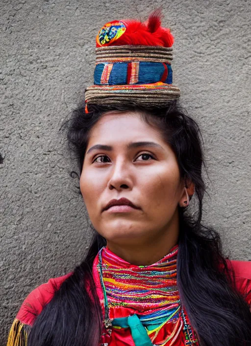 Prompt: Mid-shot portrait of a beautiful, breathtaking 25-year-old woman from Peru, wearing a traditional outfit, candid street portrait in the style of Martin Schoeller award winning, Sony a7R
