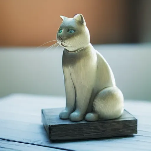 Prompt: glass statue of cat on wooden table, ambient light