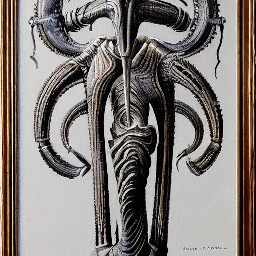 Image similar to a painting of the caduceus by h. r. giger