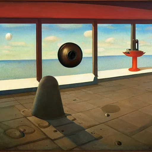 Image similar to giant bathysphere interior, portholes, comedic, dystopian, grant wood, pj crook, edward hopper, oil on canvas