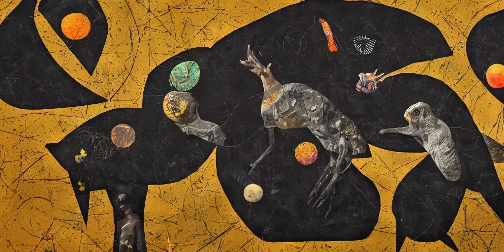Prompt: rendered in blender artistic depiction of all life forms on earth, black background, collage paper and tape, acrylic on canvas, dadaism, high resolution, cinematic, unreal 6, breathtaking detailed, by ozdemir altan