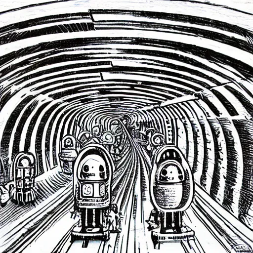 Image similar to computational tunnels, a tunnel complex full of mechanical computers and hooded robots, drawing by jim woodring, junji ito, m.c. escher