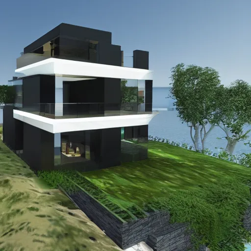 Prompt: a black modern mansion on an island by itself, award winning, 8k, ultra realistic,