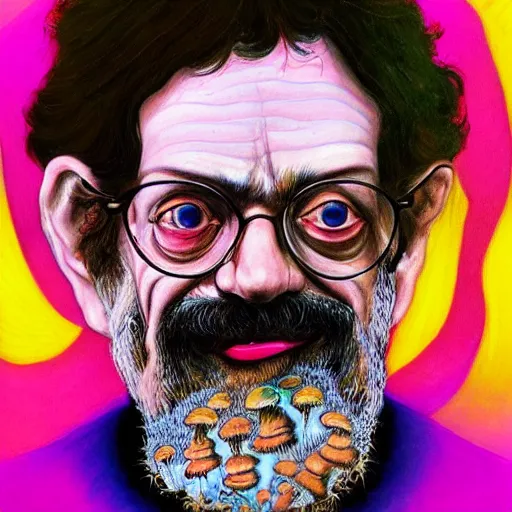 Prompt: portrait of terence McKenna with a mushroom as his head, vibrant, hyperrealistic, Maximalism, mystical, ornate, Intricate