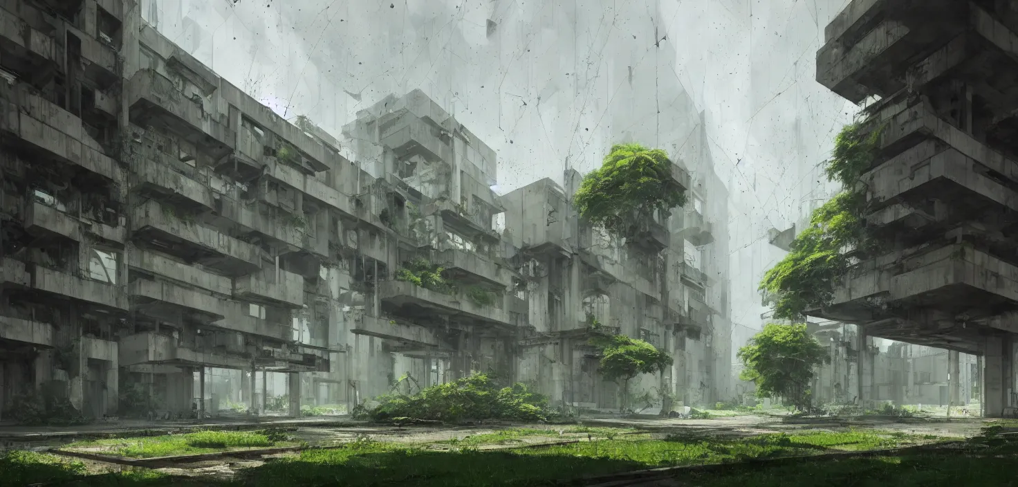 Image similar to brutalist architecture by Le Corbusier, abandoned derelict buildings, damaged structures, empty streetscapes, surrounded by lush green vegetation, volumetric lighting, digital painting, highly detailed, artstation, sharp focus, illustration, concept art, ruan jia, steve mccurry, amazing composition