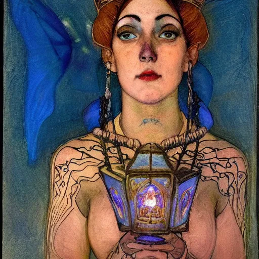 Image similar to the twilight queen with her lantern, by Annie Swynnerton and Nicholas Roerich, bioluminescent skin, tattoos, elaborate costume, geometric ornament, symbolist, smooth, sharp focus, extremely detailed