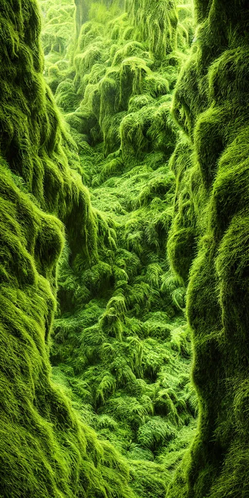 Prompt: dream looking through, a hyper realistic photograph fertile, lush mossy ferns canyon, ferns, minimalist structure, misty, raining, icelandic valley, in the style of reuben wu, roger deakins