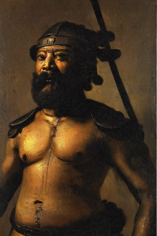 Prompt: spartan warrior, black skin. Oily muscles. thick black beard. Big smile. oil painting. By Rembrandt.