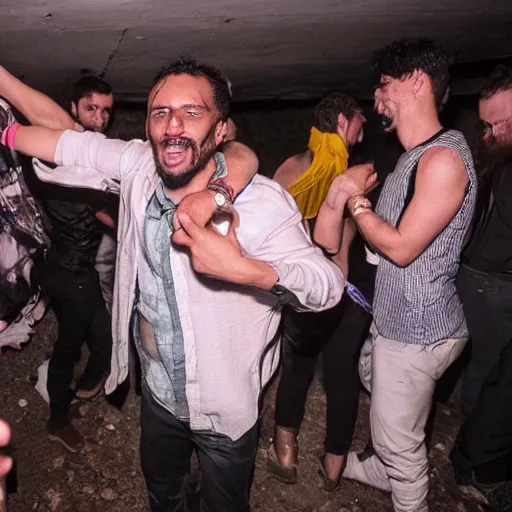 Prompt: photos of a wild underground party taken by merlin bronques, lastnightsparty