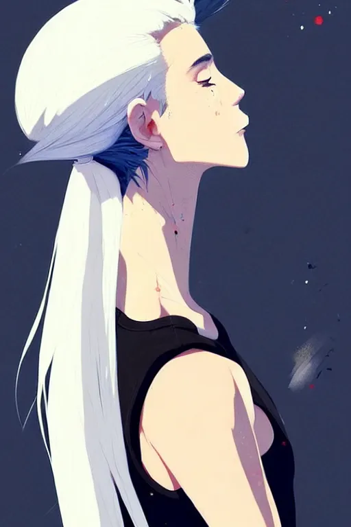 Image similar to a ultradetailed beautiful painting of a stylish woman in with white hair in a ponytail, she is wearing a black tank top and jeans, by conrad roset, greg rutkowski and makoto shinkai trending on artstation