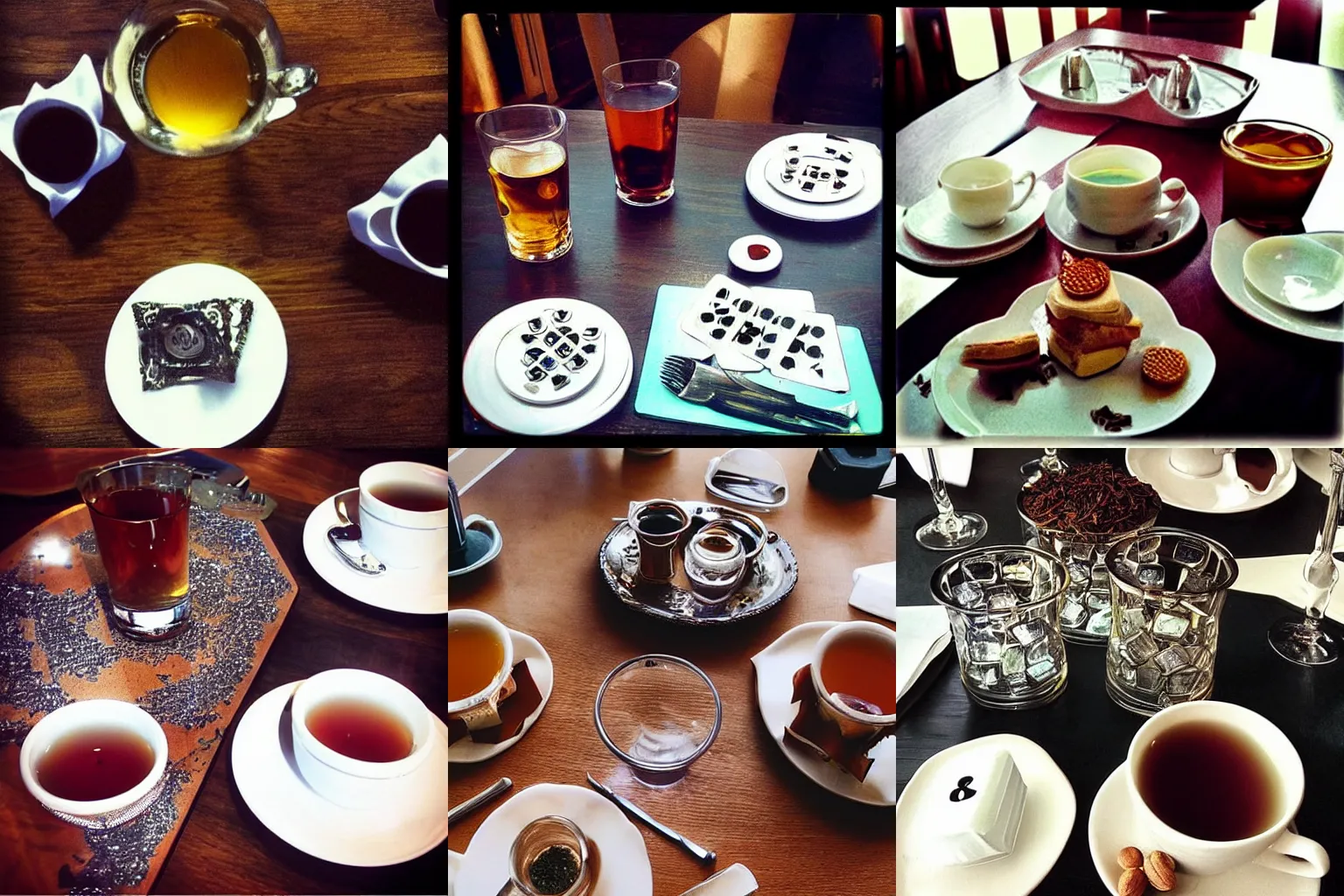 Prompt: “ dices covered with glases on table with tea and alchogol ”