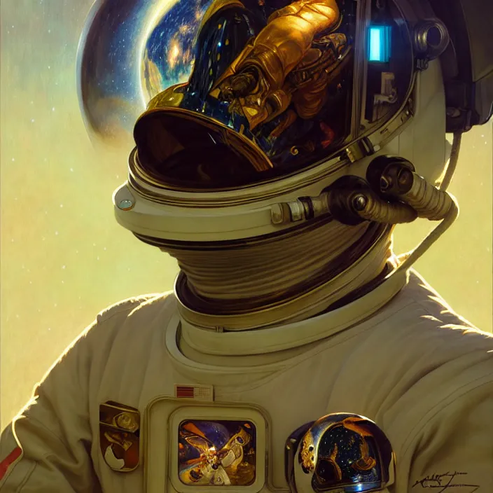 Image similar to astronaut with reflections on visor, diffuse lighting, fantasy, intricate, elegant, highly detailed, lifelike, photorealistic, digital painting, artstation, illustration, concept art, smooth, sharp focus, art by John Collier and Albert Aublet and Krenz Cushart and Artem Demura and Alphonse Mucha