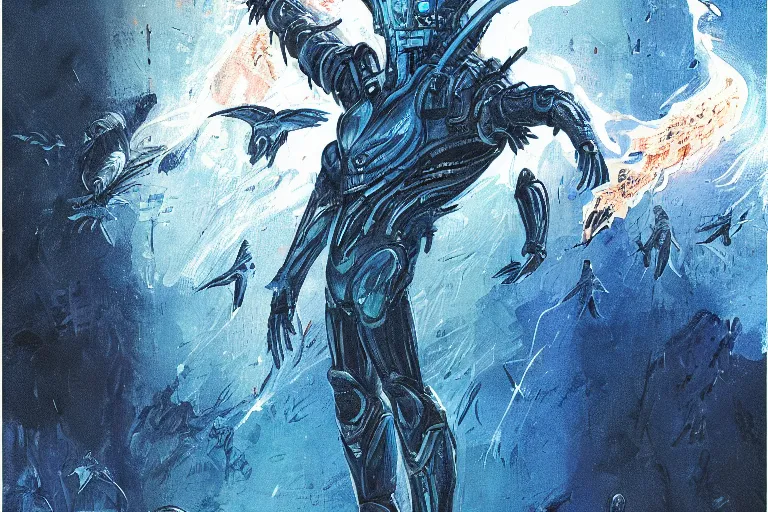 Image similar to an illustrated graphic novel image of a giant elon musk in blue battle armor walking toward the camera with fire and an explosion of dozens of blue birds, h.r. giger, ross tran