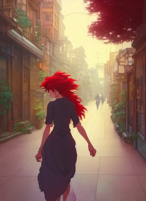 Image similar to beautiful young woman with long red hair walking down city street at night, path traced, highly detailed, high quality, digital painting, by studio ghibli and alphonse mucha, leesha hannigan, makoto shinkai, disney